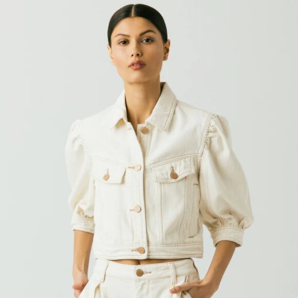 Blank NYC Cake Topper | Puff Sleeve Cream Denim Jacket | Sz M | *New w Tag* - Picture 6 of 8